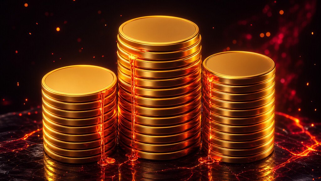 Monedas doradas apiladas entre grietas de lava