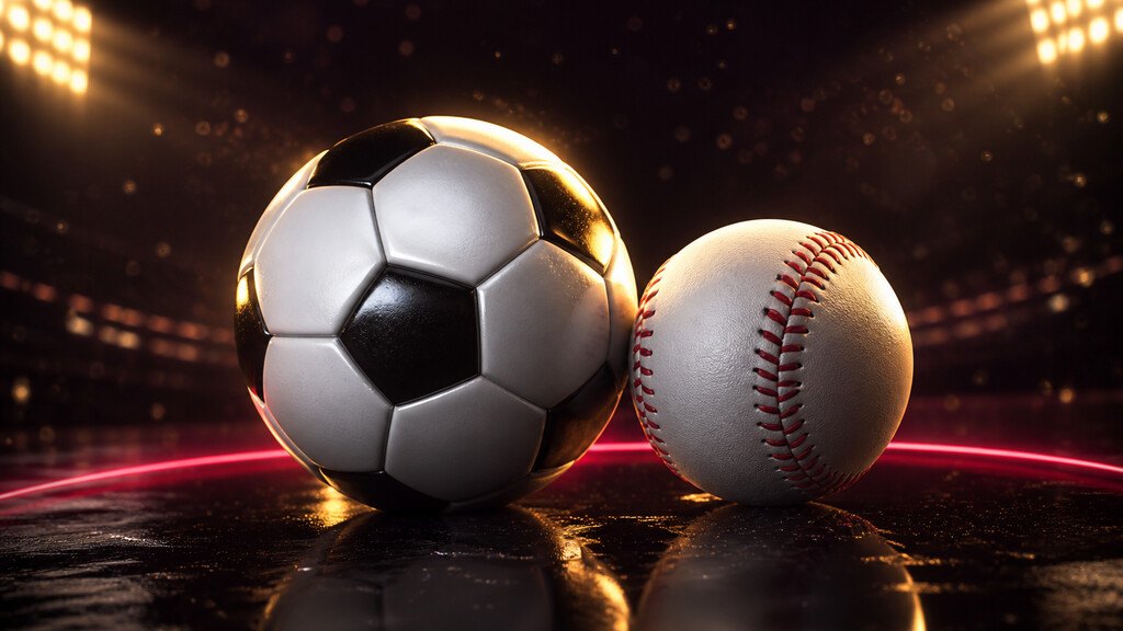 Balón y pelota de béisbol con luces de estadio detrás
