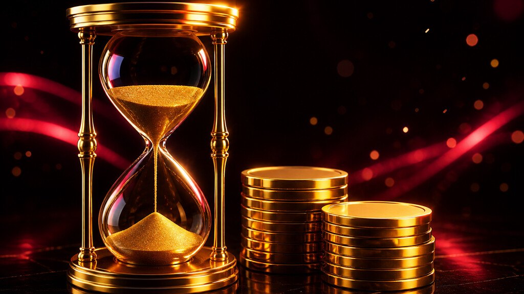 Monedas de oro junto a un reloj de arena brillante