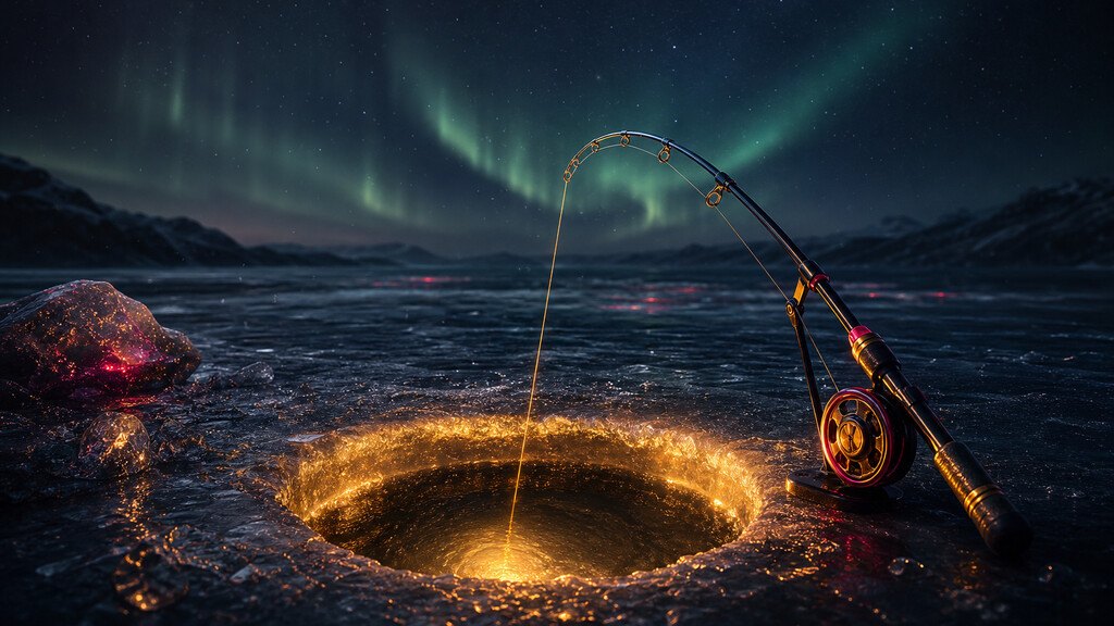 Agujero en el hielo iluminado con caña de pescar