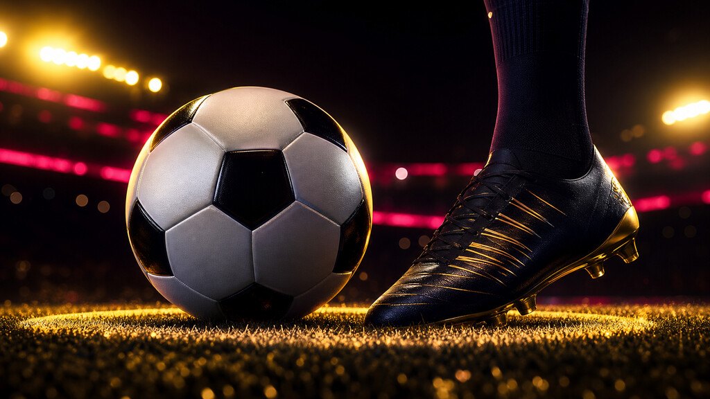 Balón y botín sobre el punto de penal de noche