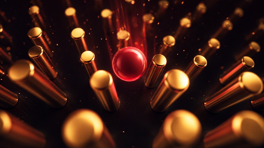 Pinos dorados de Plinko con una bola roja en el aire