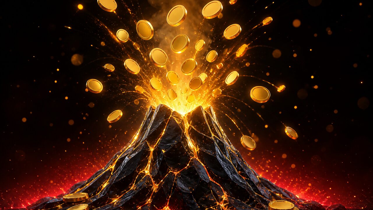 Ilustración de un volcán expulsando monedas
