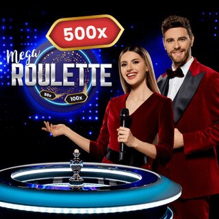 Presentadores junto a la rueda en la portada de Mega Roulette